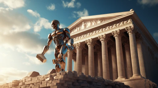 A futuristic robot resembling the statue of Lady Justice in front of a classical building with Corinthian columns under a clear sky, symbolizing the merging of law and advanced technology.