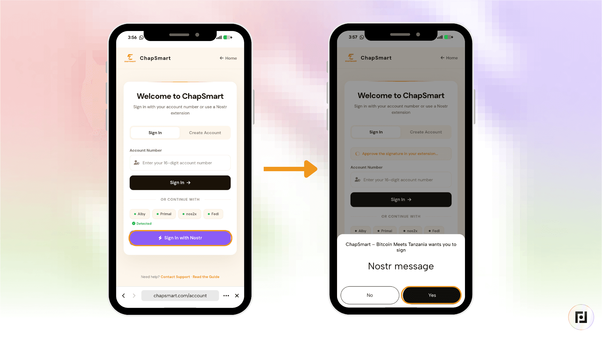 ChapSmart account login screen inside the Fedi app, with a Nostr message signature prompt to create an anonymous account