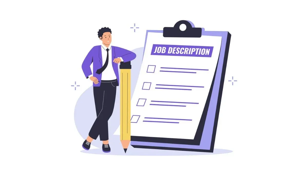 Illustration of a person in business attire standing beside a giant clipboard labeled “Job Description,” leaning on an oversized pencil with blank checkboxes on the page.