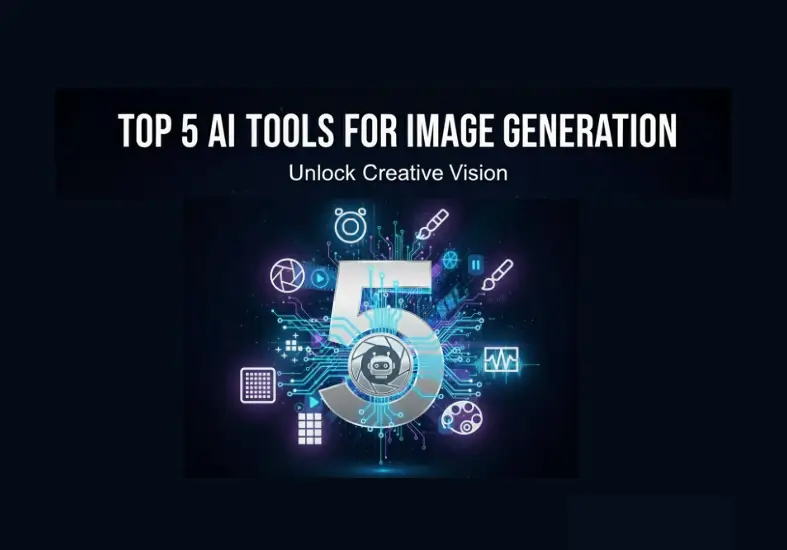 Top 5 best AI tools for image generation and visual content creation. Tech-forward infographic with glowing artificial intelligence robot icon surrounded by creative symbols including camera lens, paintbrush, design calculator, light bulbs, and color palette representing AI image generators that unlock creative vision for faster visual design workflows. Used by Mahendra, AI digital marketing specialist, to help creatives and designers generate stunning visuals from text prompts instantly.
