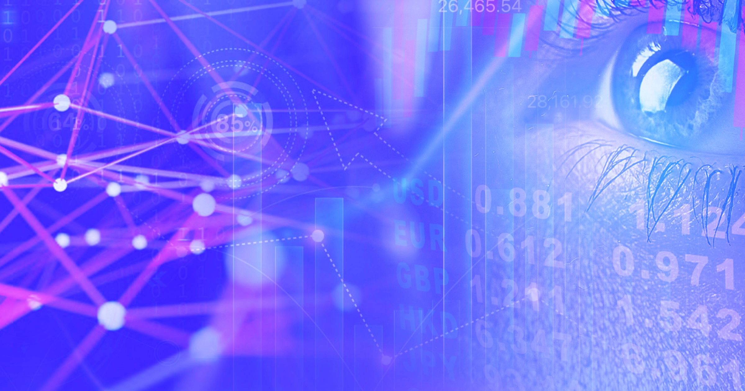 A close up of a human eye overlaid with digital networks, data points, and currency indicators, illustrating how legacy sanctions screening software increases risk for financial firms.