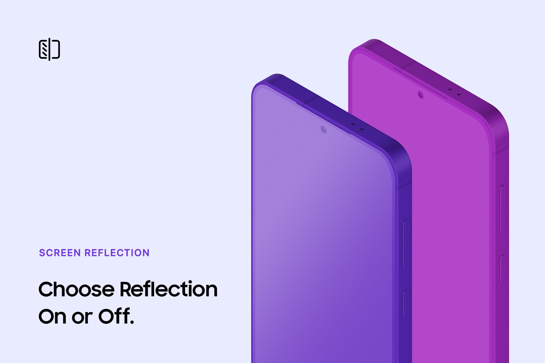 Clay smartphone mockup showing optional screen reflection feature on and off for different presentation styles.