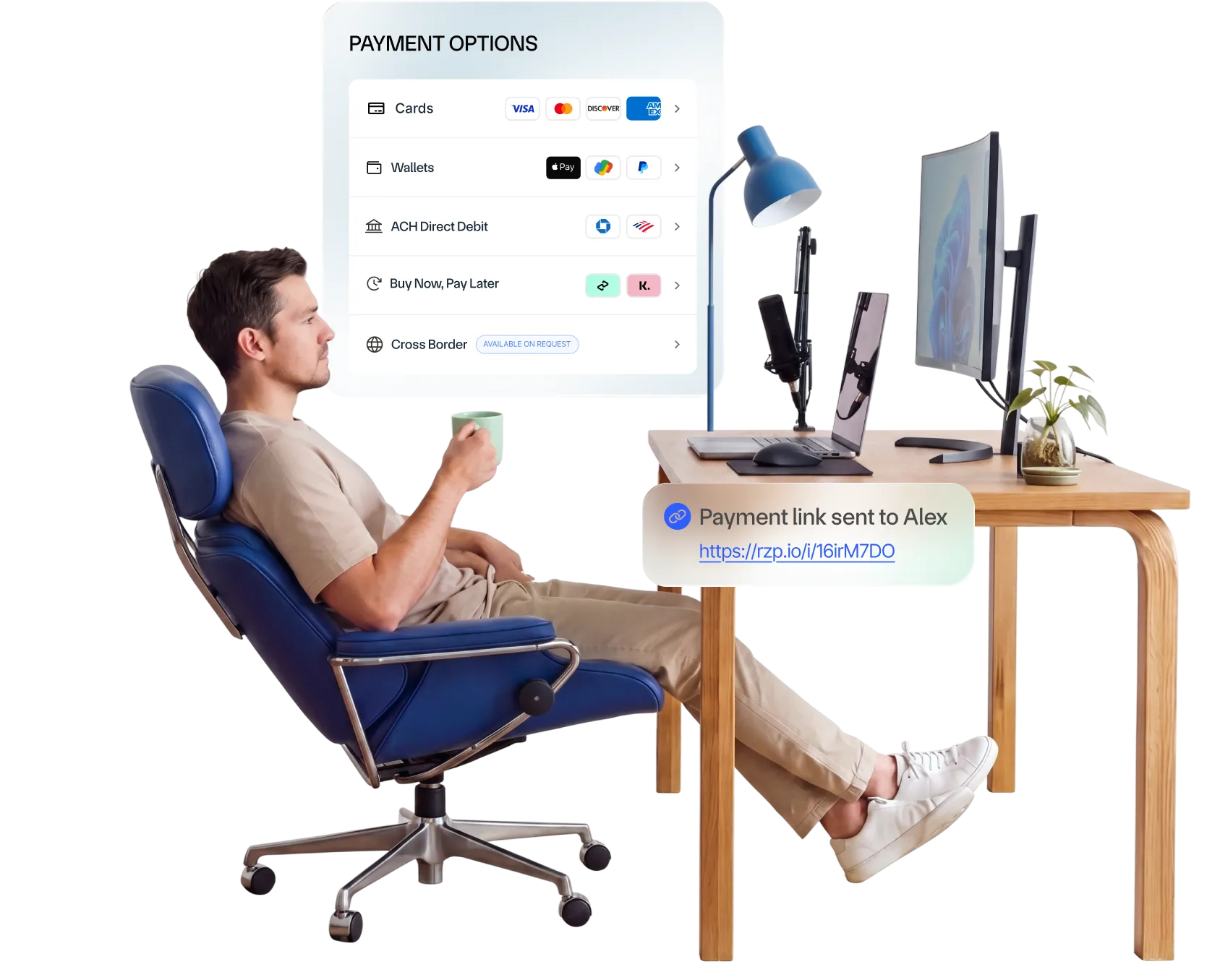 Razorpay checkout payment options for US businesses: Visa, Mastercard, American Express and Discover cards; Apple Pay, Google Pay and PayPal wallets; ACH Direct Debit and bank transfers; Klarna and Afterpay Buy Now, Pay Later; and Cross Border payments from India via UPI (PhonePe, Google Pay, Paytm), RuPay cards and Netbanking (50+ Indian banks)