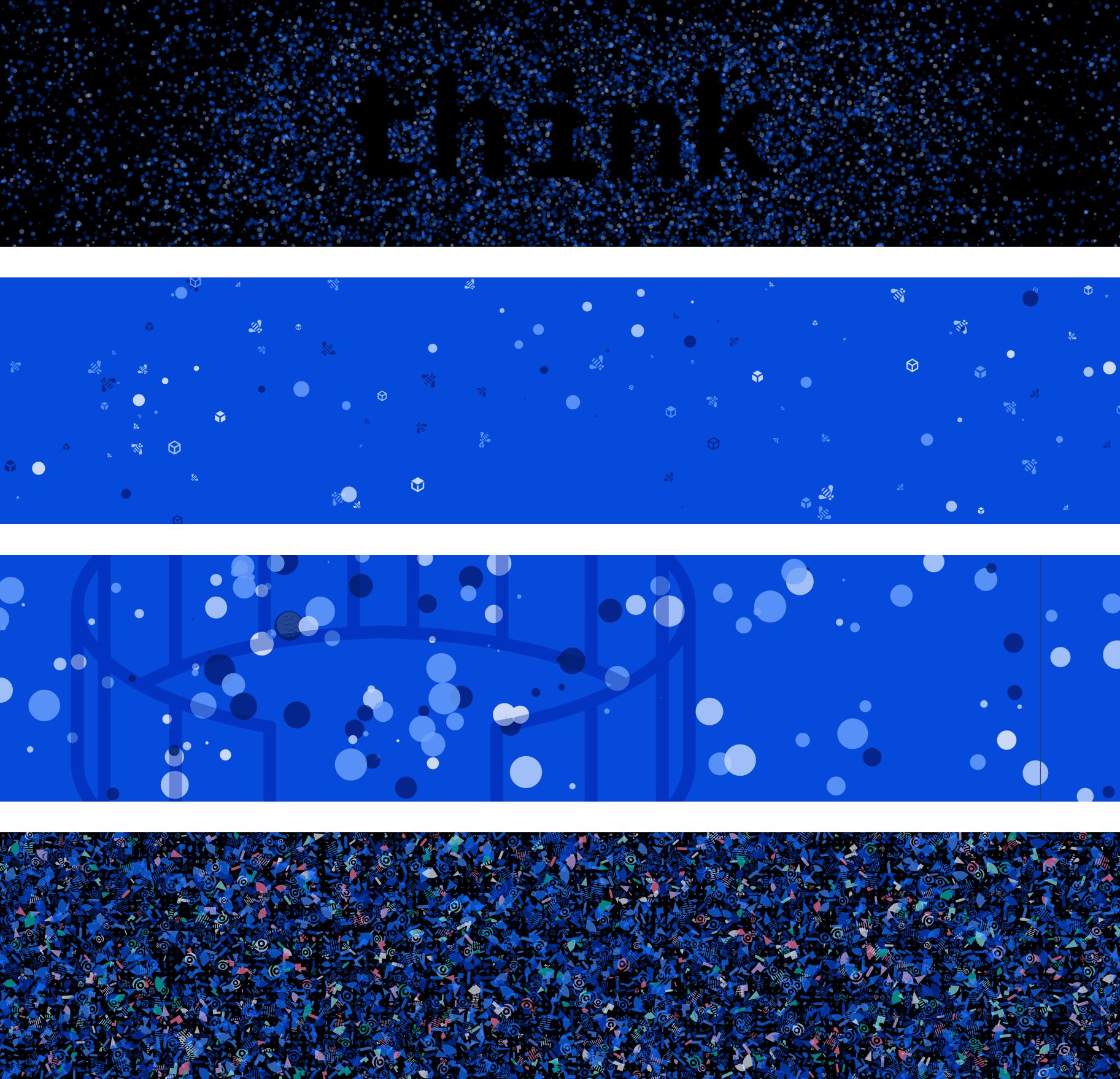 Four horizontal bands of generative art created using AI and publicly available data. The compositions range from scattered IBM icon particles forming the word "think" on black, to blue fields of floating geometric shapes at various scales, to dense confetti-like textures — demonstrating how AI transforms data into bespoke visual pieces where color, scale, and rotation encode hidden meaning.