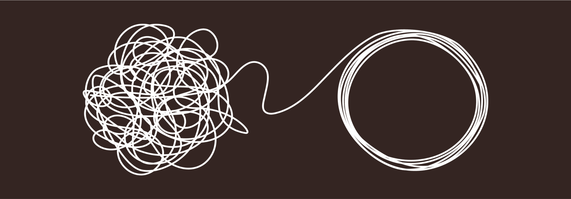 Illustration of untangling chaos into order, featuring a messy scribble transforming into a neat circle.