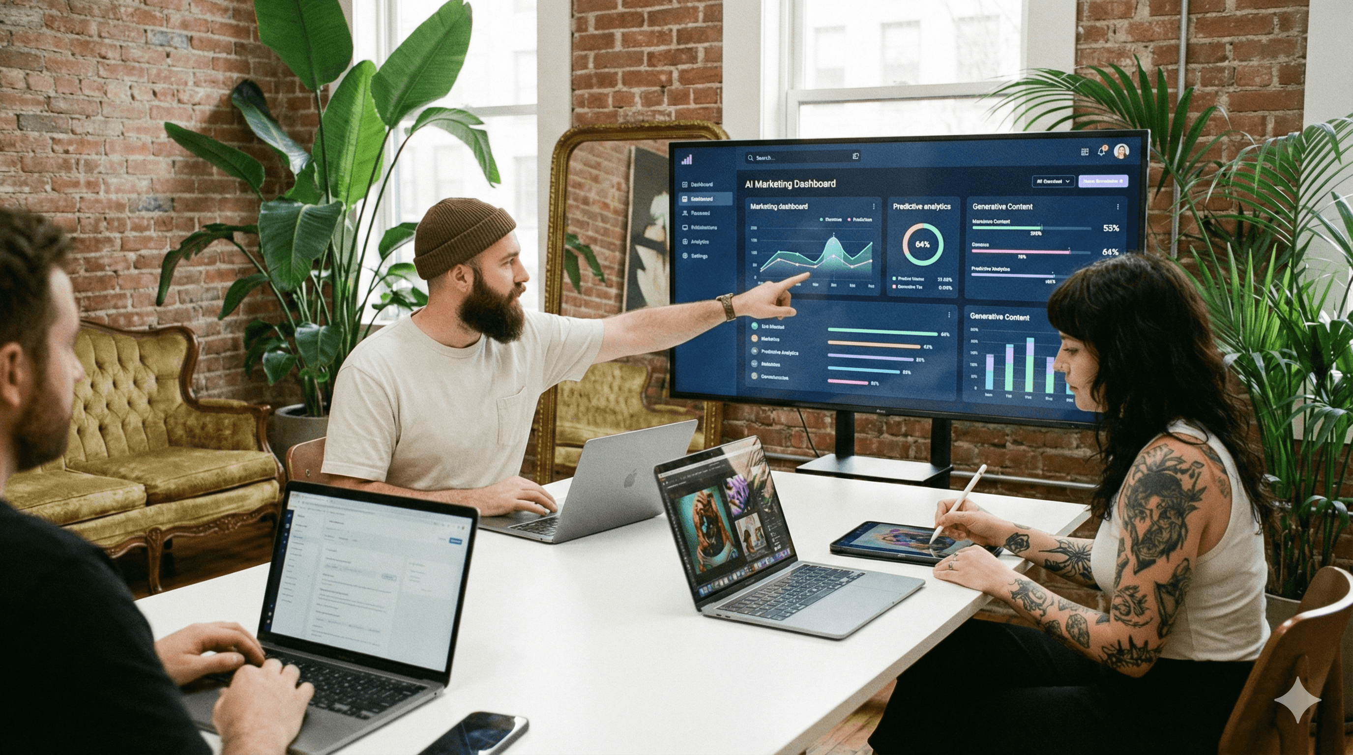 A group of professionals collaborates in a modern office, engaging with a data-filled digital marketing dashboard on a large screen and using laptops, highlighting the use of marketing AI prompts in business strategy.