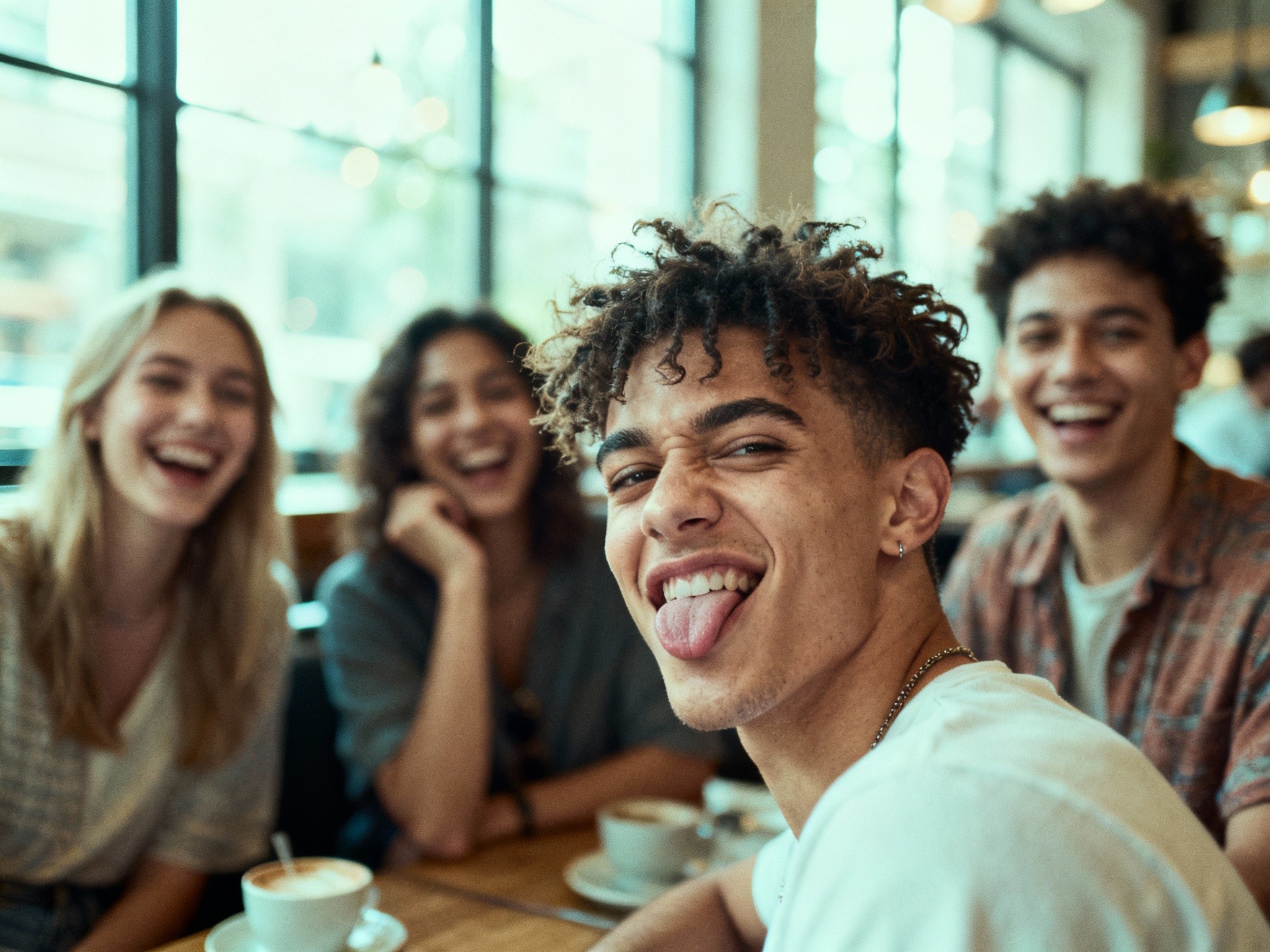 An editorial-style image of a diverse group of friends sharing laughter, focusing tightly on one