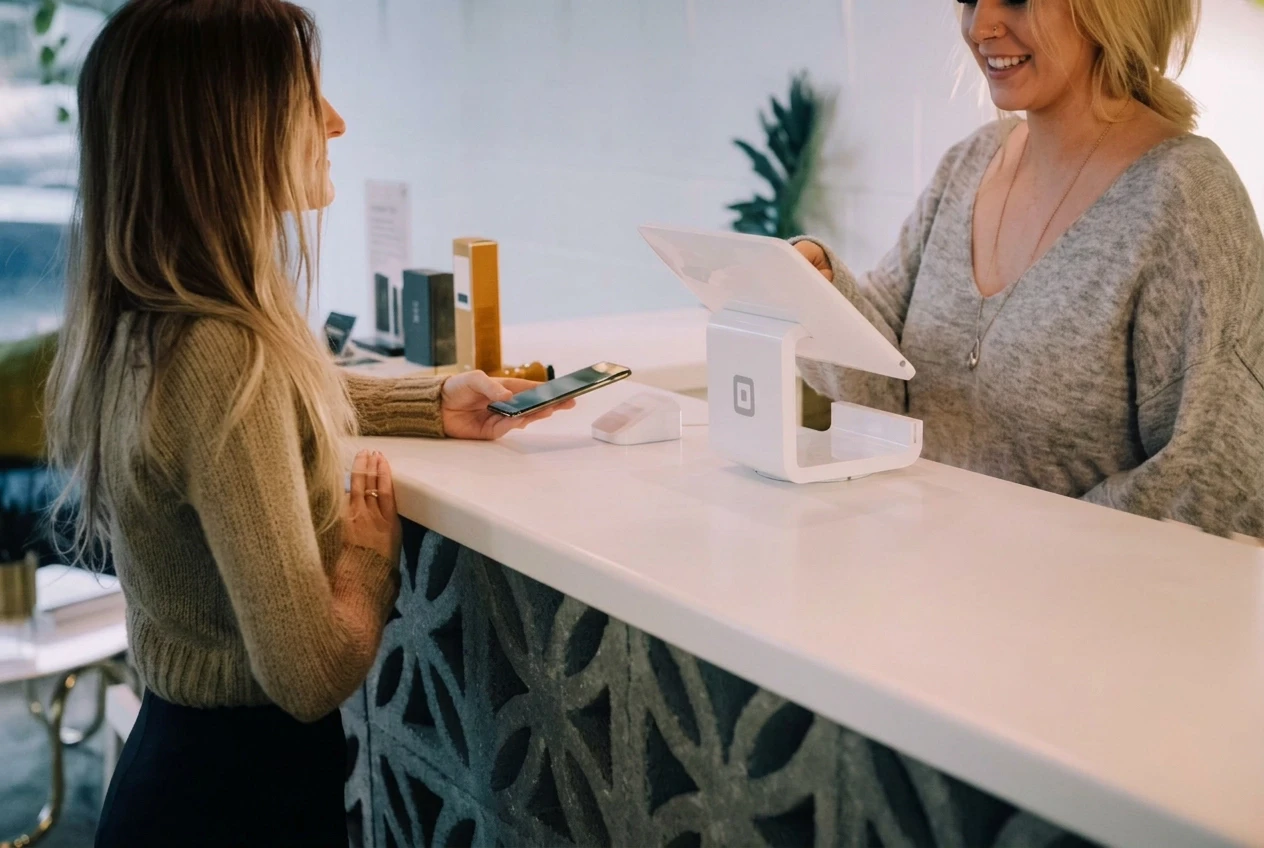 Cliente payant avec son smartphone à la caisse