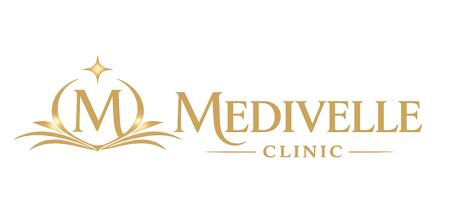 Minimal logo design featuring a stylized letter “M” with decorative elements alongside the brand name “Medivelle” on a light background.