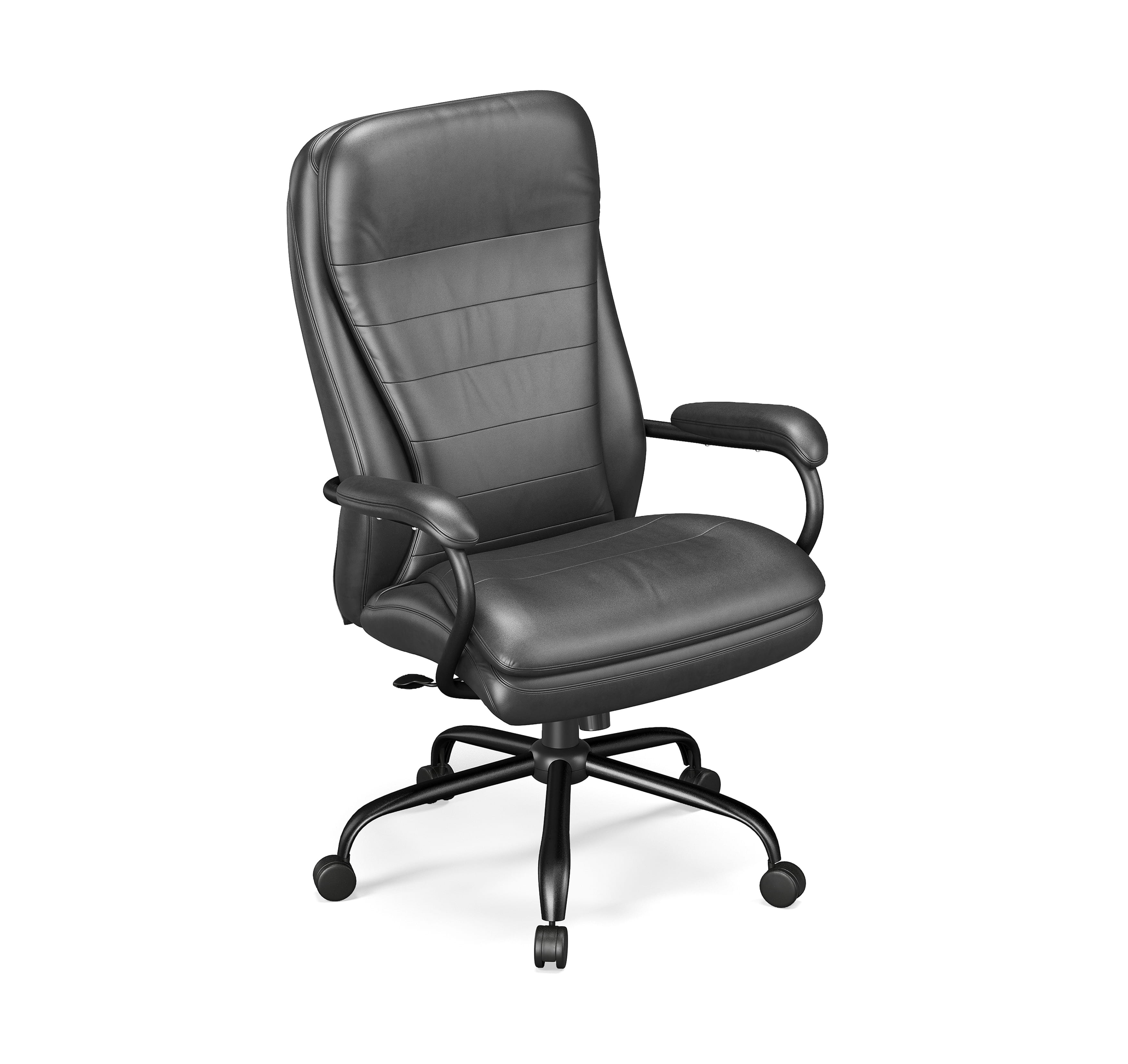 Angled view of ergonomic office chair with cushioned backrest and wheeled base