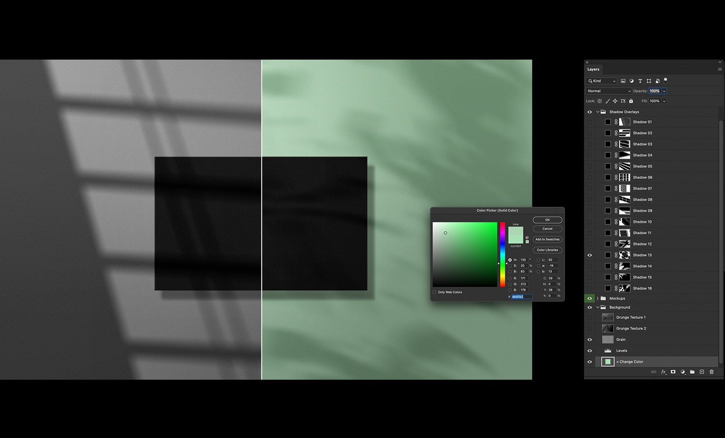 Shadow Overlays Scene Creator overview showing diverse poster and card templates with high-resolution shadow layers