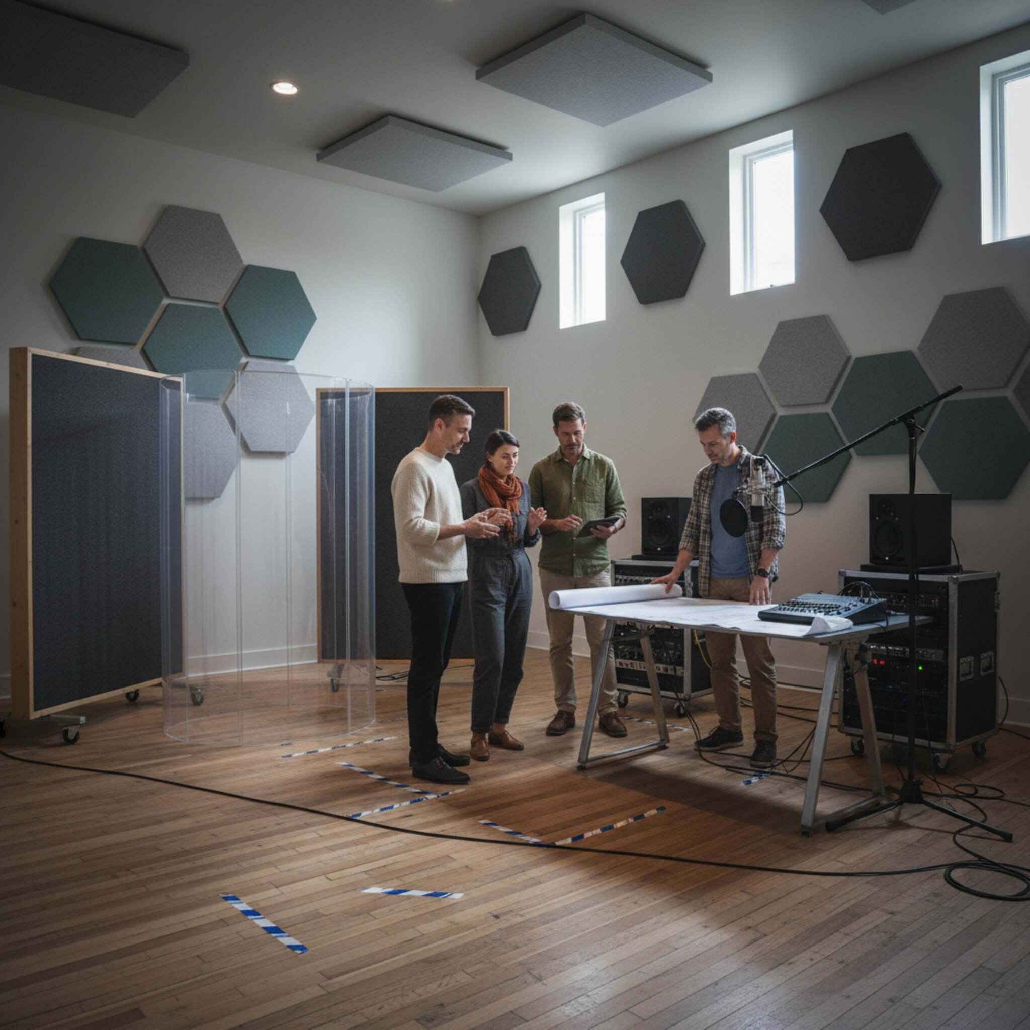Ein großes Studio mit gedimmtem Deckenlicht, bereitstehendem Schlagzeug-Screen und akustischen Stellwänden. Ein Team bespricht ruhig die Aufstellung, zeigt auf markierte Positionen am Boden. Die Szene wirkt geordnet, vorbereitet und auf präzise Abläufe ausgelegt.