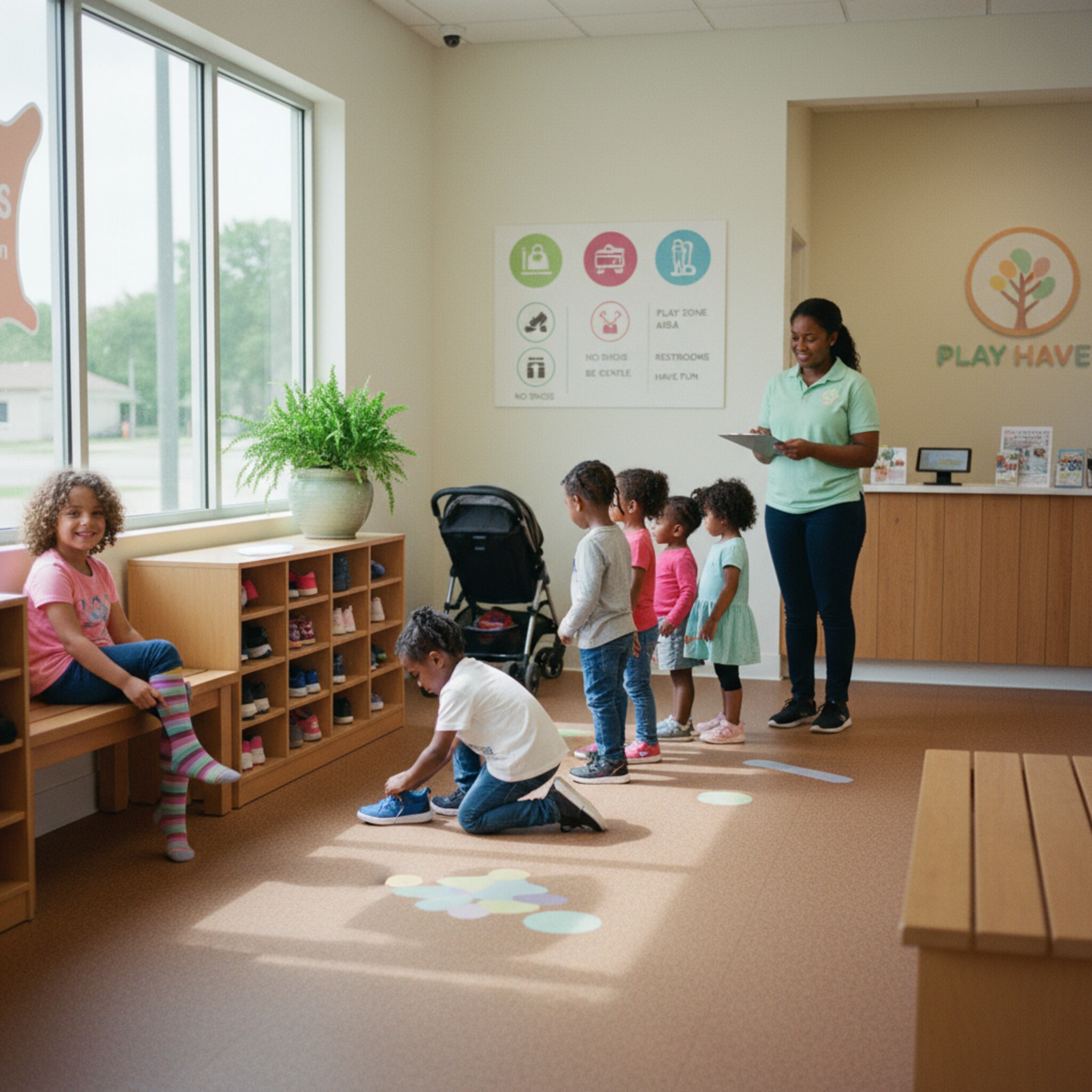 Vor dem Eingang ziehen Kinder ihre Schuhe aus und sortieren sie ordentlich in offene Fächer. Ein Betreuer zählt leise die Gruppe, während ein zweites Kind sich fröhlich Socken hochzieht. An der Wand zeigt eine klare Beschilderung Bereiche und Regeln. Der Empfangsbereich ist hell, aufgeräumt und einladend.