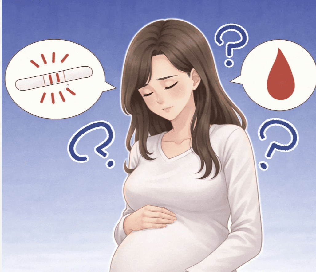 ภาพประกอบหญิงตั้งครรภ์กังวล มีสัญลักษณ์ที่ตรวจครรภ์ขึ้นสองขีดและหยดเลือด แสดงอาการเลือดออกระหว่างตั้งครรภ์ที่ควรระวัง