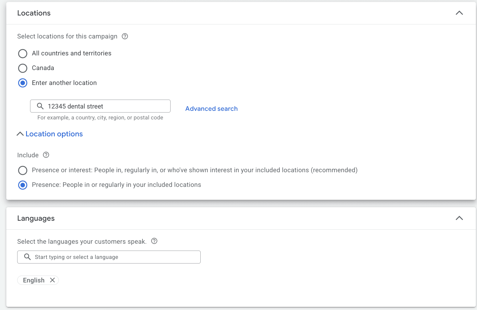 Google Ads Locations and Languages