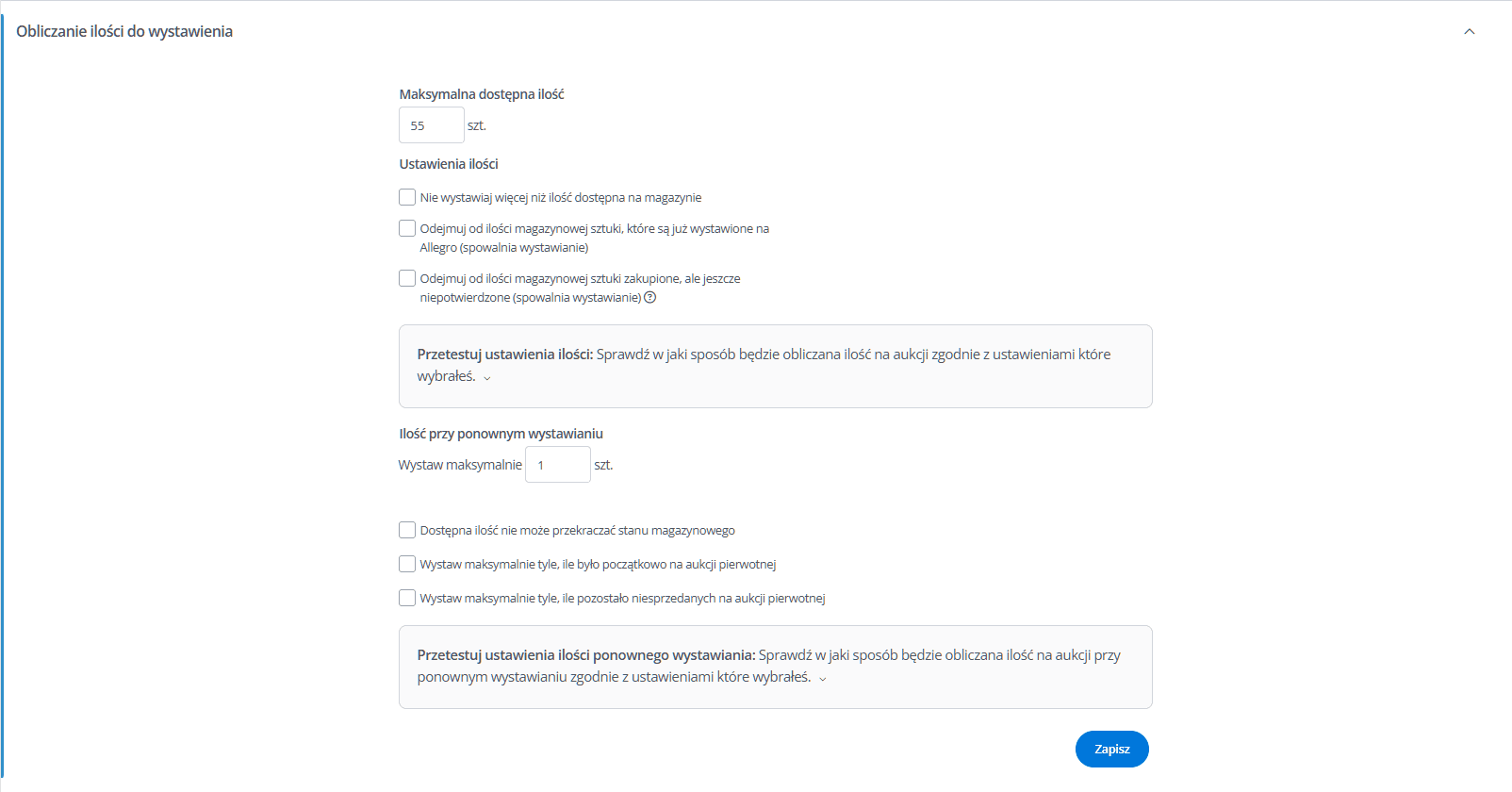 Obliczanie ilości do wystawienia w ustawieniach modułu marketplace