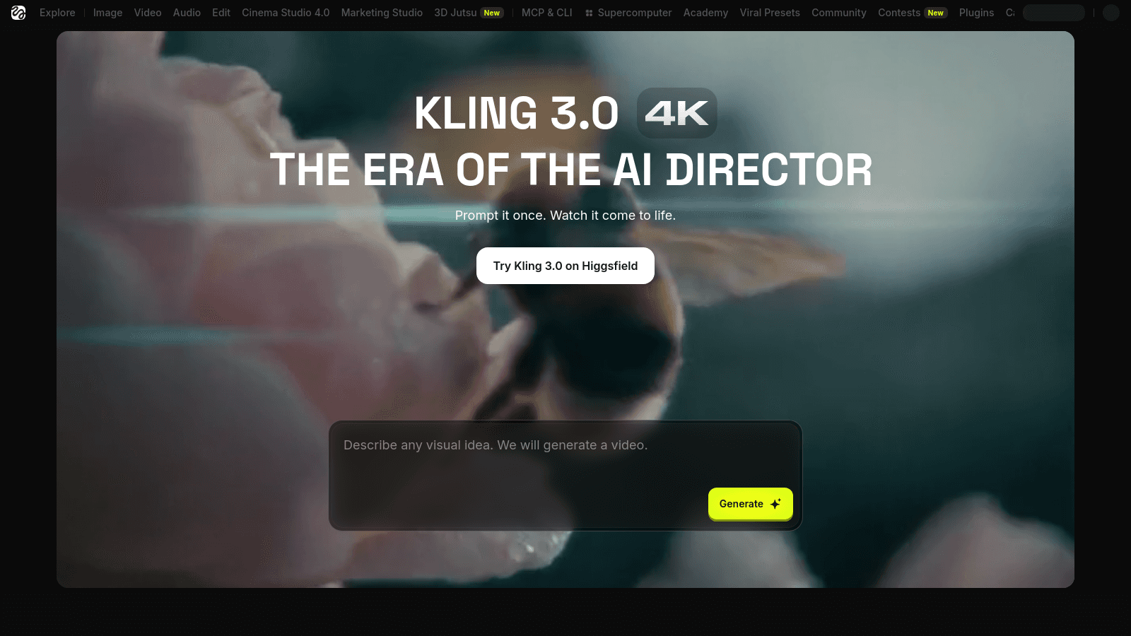 Marketing landing page for Kling 3.0 featuring a text prompt input field and AI video generation tools.