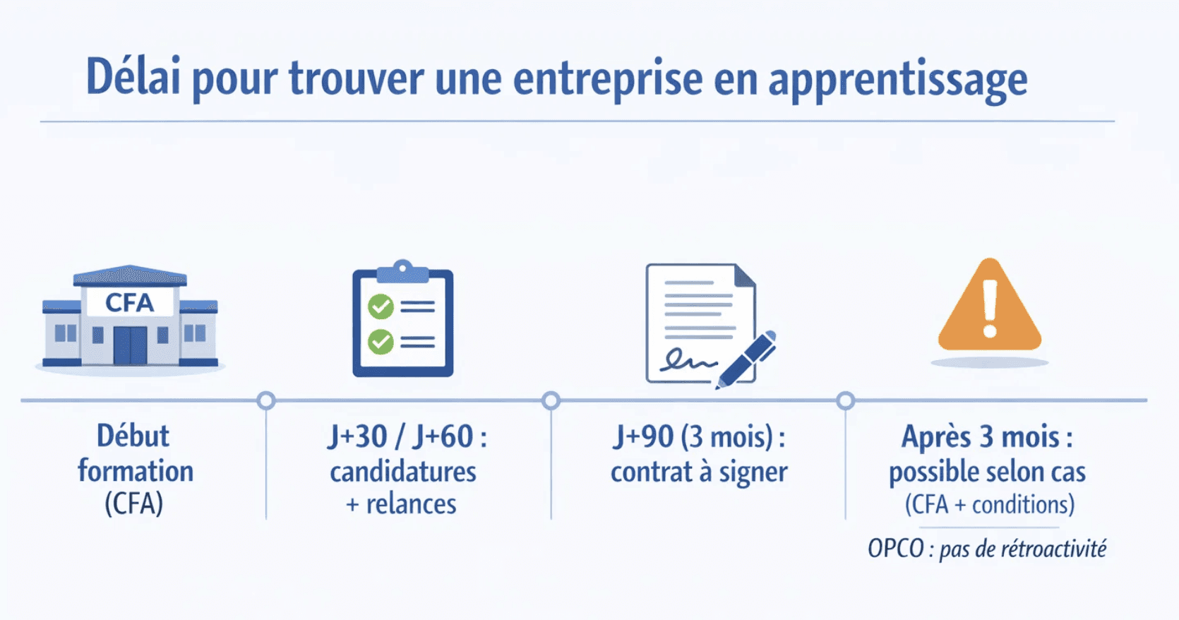 Infographie timeline sur le délai pour trouver une entreprise en apprentissage : début de formation en CFA, candidatures et relances, échéance J+90 (3 mois) pour signer un contrat, et possibilités après 3 mois avec conditions et rappel OPCO.