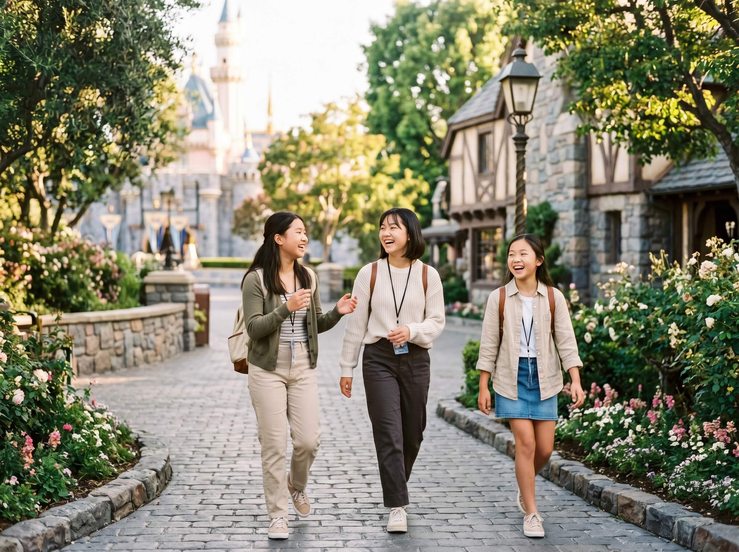 Three people walk joyfully along a picturesque cobblestone street lined with lush greenery and charming cottages, against the backdrop of a fairytale-like castle.