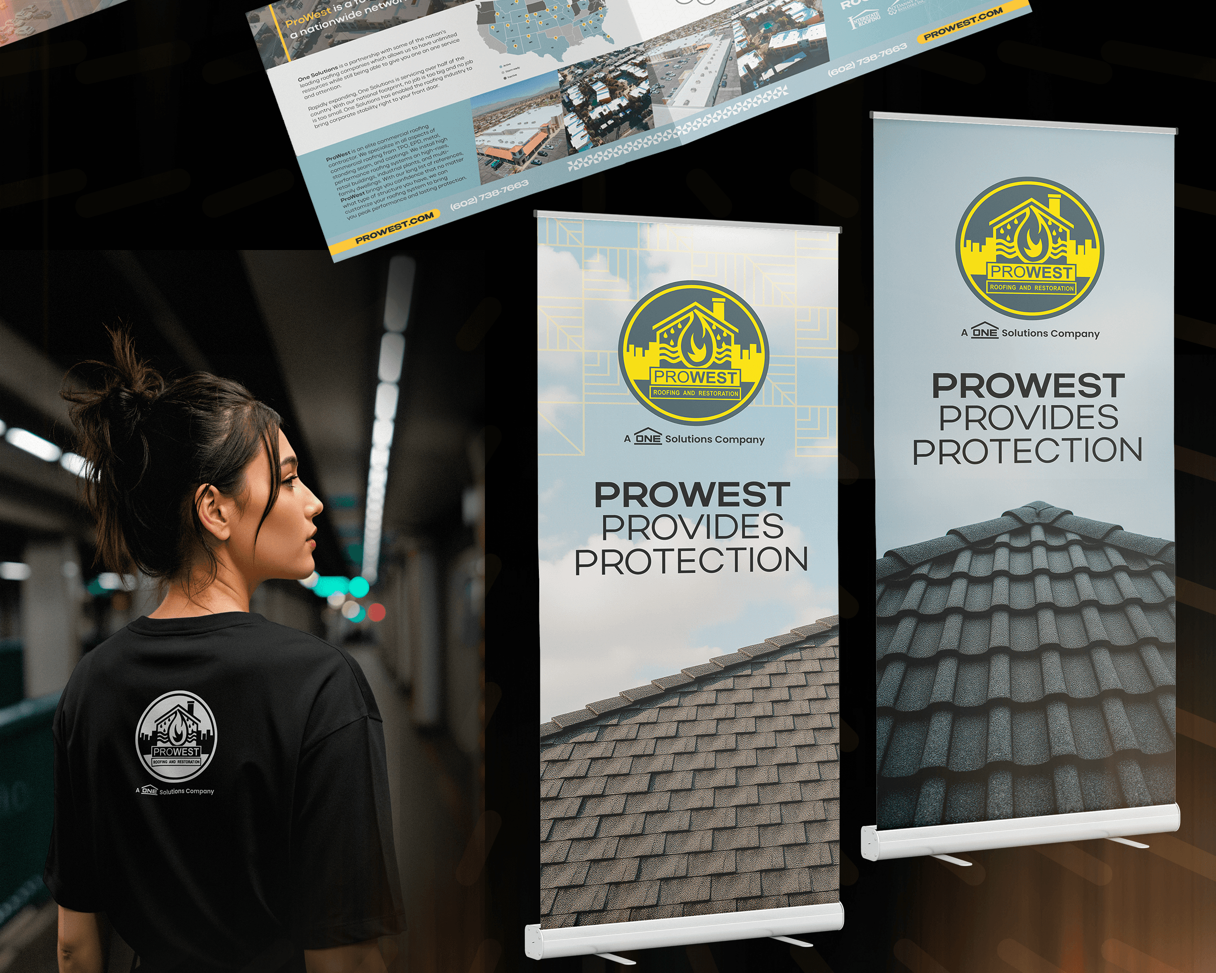 ProWest Roofing and Restoration white logo centered on a blue sky background with Serge Creator Studios branding and branded yellow and black construction mesh visible below
