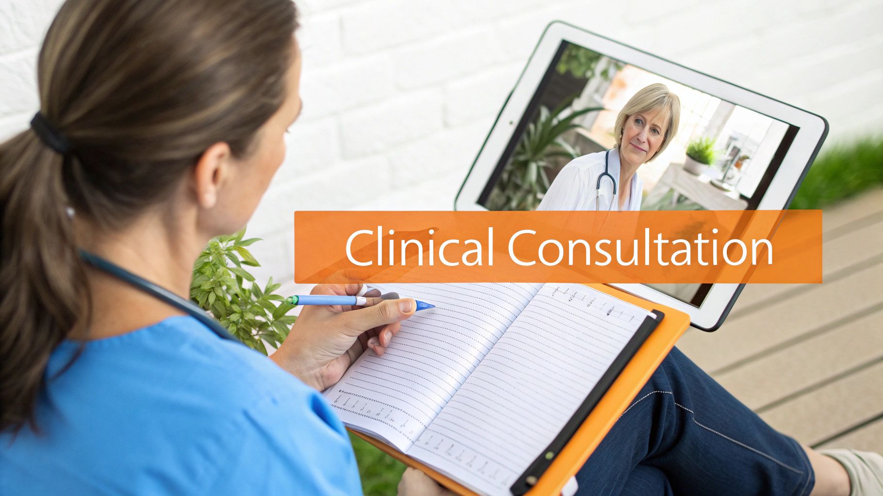 A medical professional takes notes during a virtual clinical consultation on a tablet.