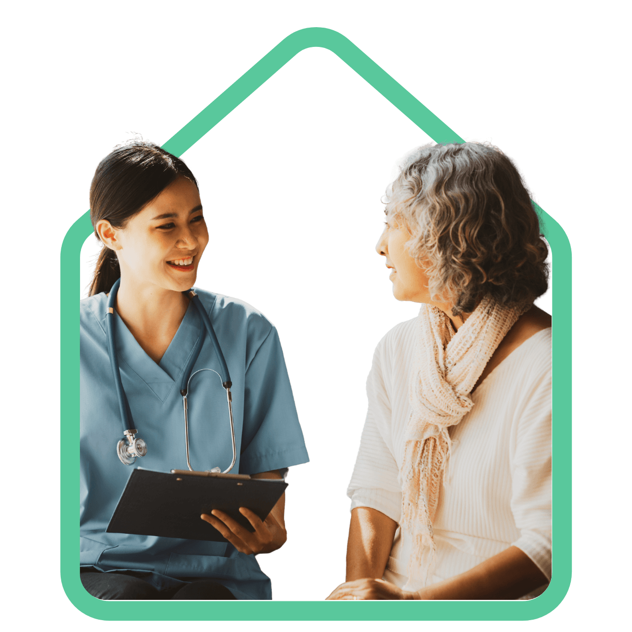 Medical doctor and patient both smiling and looking at one another, contained in a Cooper Home Health logo.