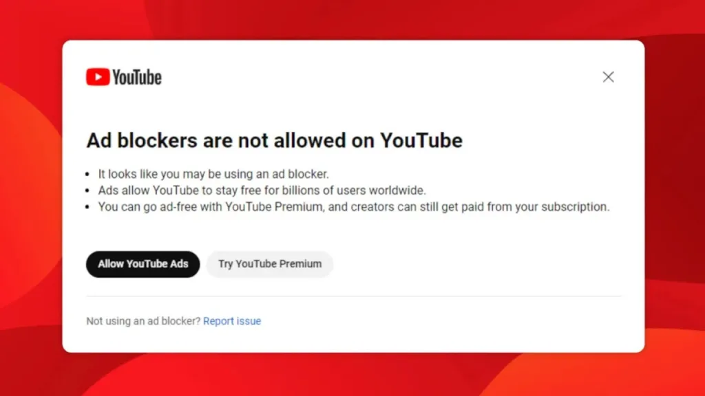 Ad blockers are not allowed on YouTube message.