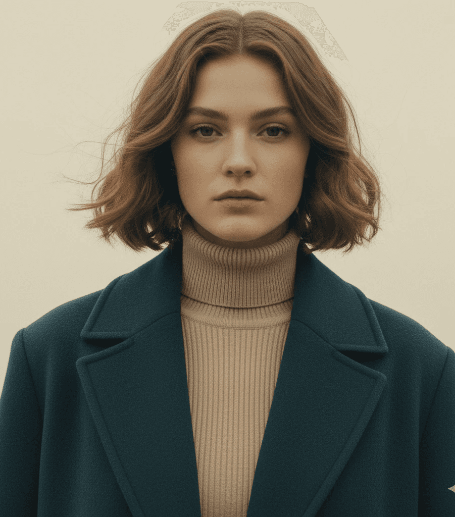 Young woman with shoulder-length brown hair in teal coat over beige turtleneck.