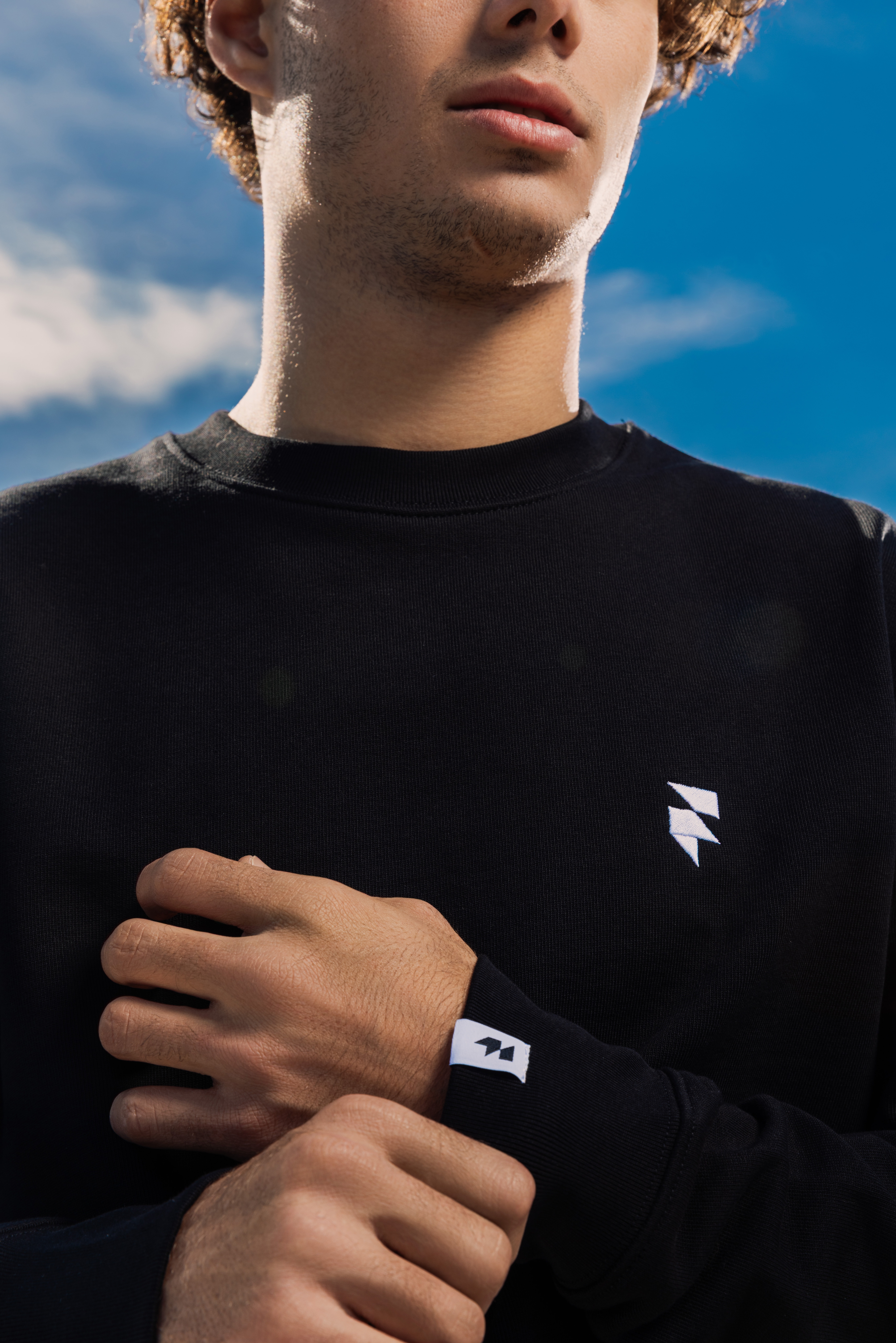 A person is wearing a black sweatshirt with a small white logo on the chest against a backdrop of a clear blue sky with scattered clouds, conveying a casual and modern fashion style.