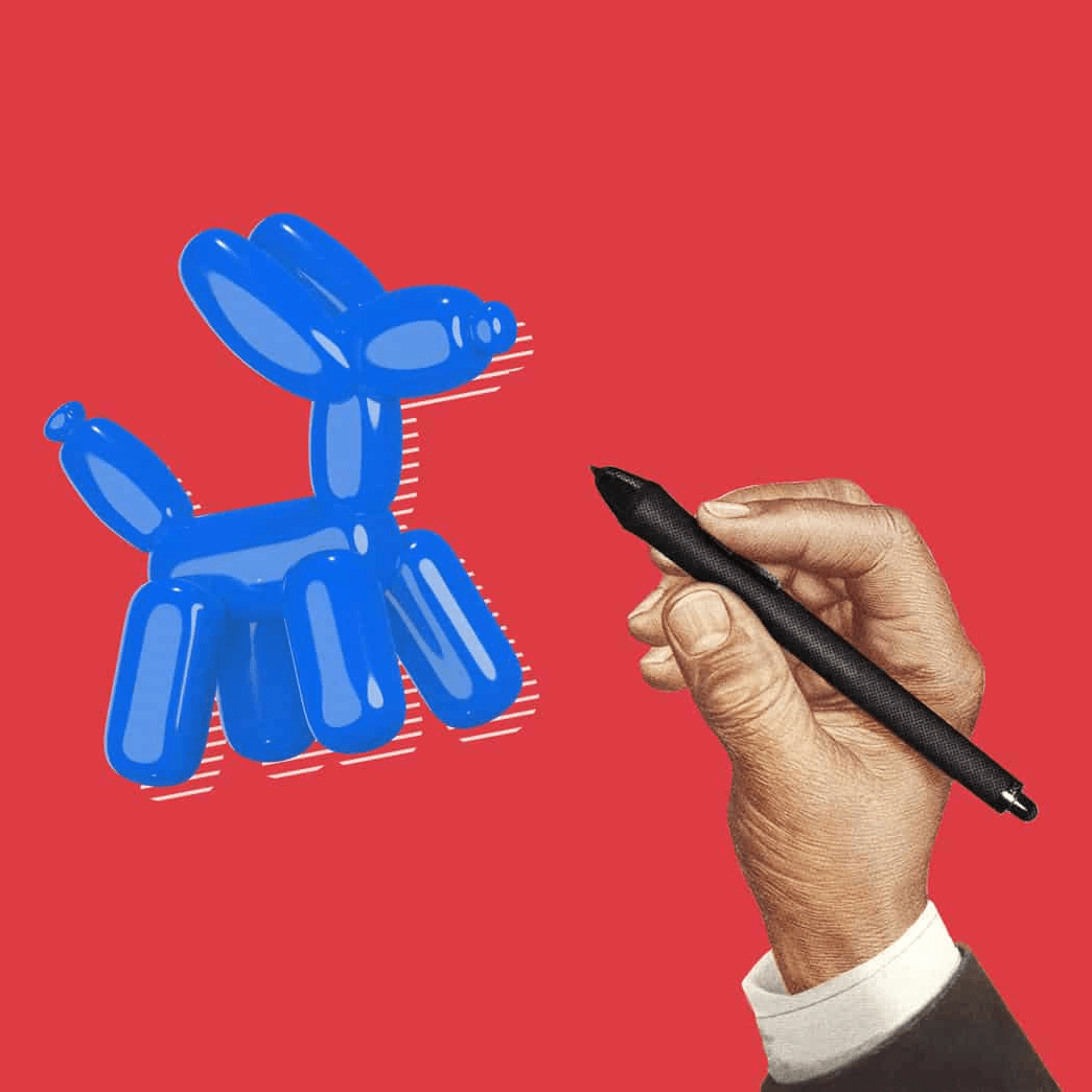Mano dibujando un perro de globos azul sobre fondo rojo.