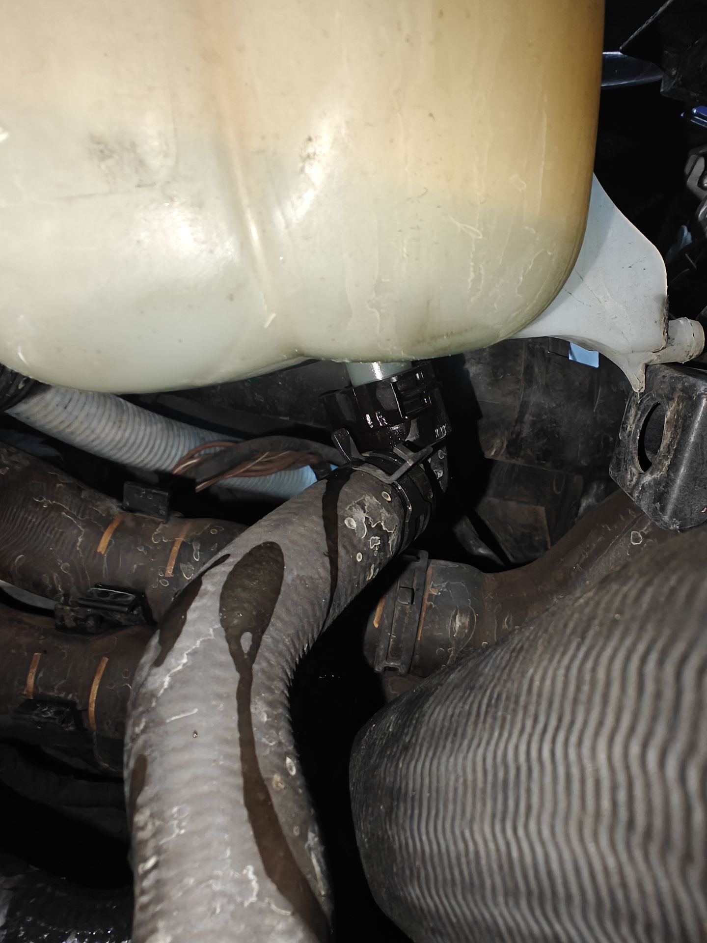 Coolant expansion tank on the MINI Countryman with a wet trail running down the hose below it