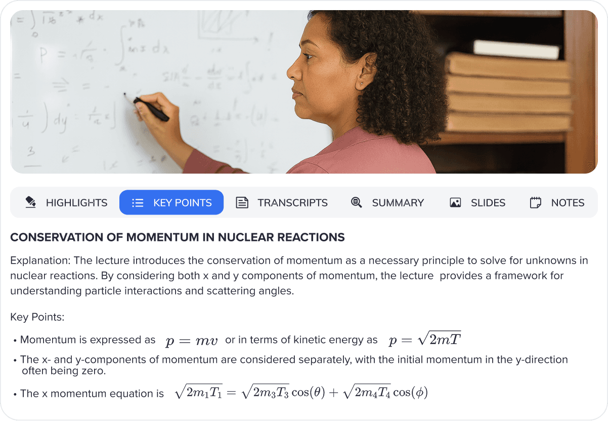 Image of female professor teaching complicated arithmethics, while the Jamworks app transcribes the complicated formulas