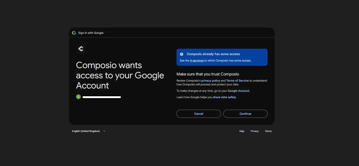 Google sign-in screen for connecting Composio