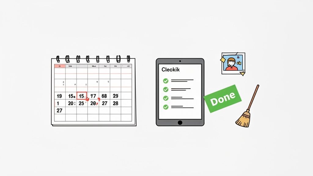 An illustration featuring a calendar, a tablet with a checklist, a 'Done' sign, a photo, and a broom.
