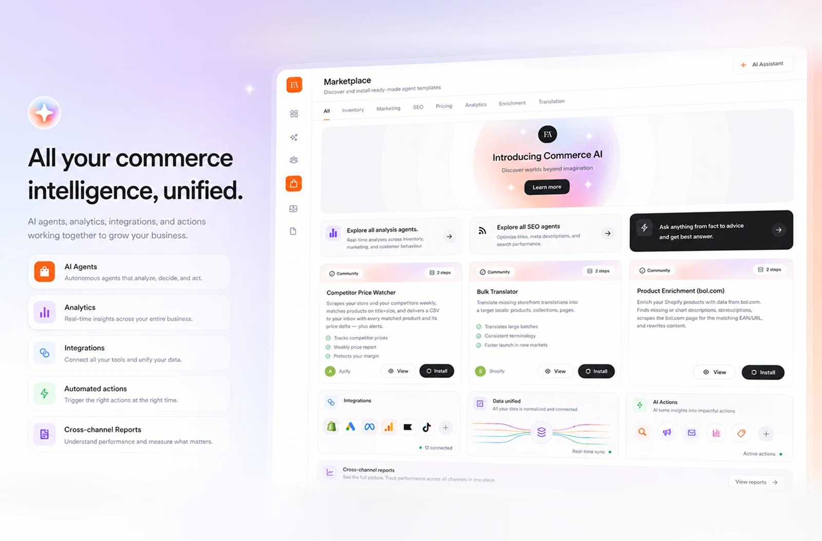 Commerce365 dashboard with AI agents, analytics, integrations and cross-channel reports, including a Google Ads connection