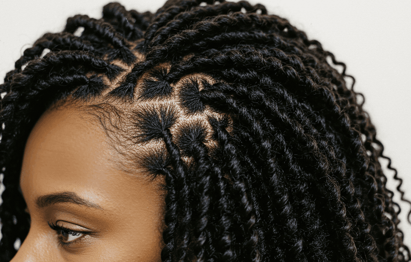Close-up of tightly twisted natural hair in a protective hairstyle, showing defined twists and neatly sectioned hair at the scalp.