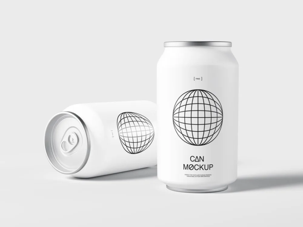 Minimalist can mockup featuring a sleek white design with a black globe graphic and bold text. One can is upright, while the other lies on its side, set against a clean, light gray background.