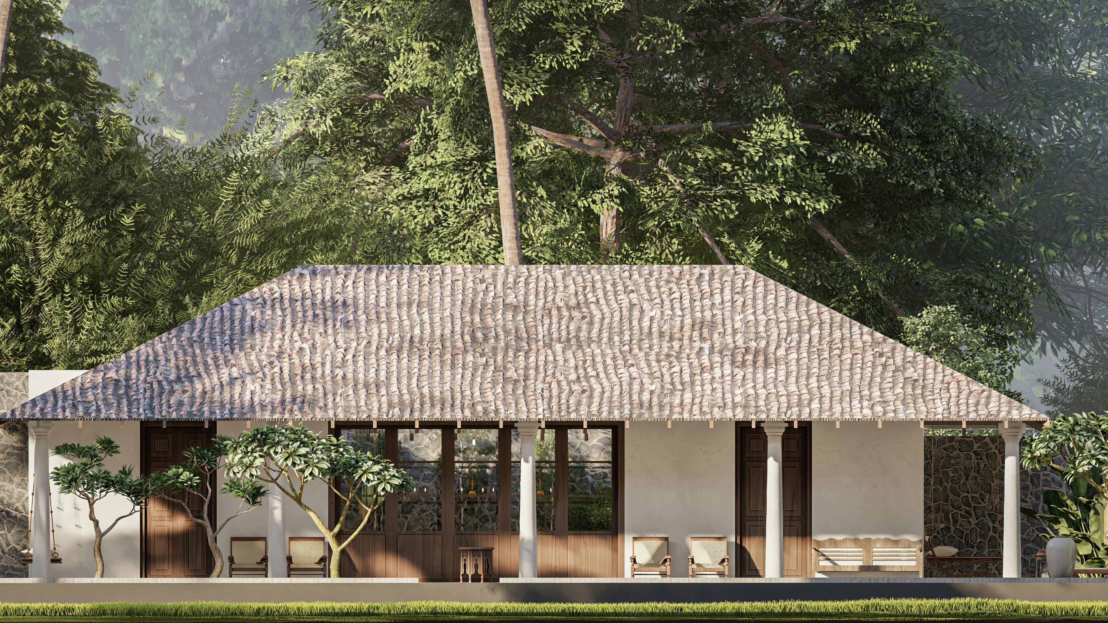 Front elevation render of a tropical-style house with textured roof, large windows, dense greenery, and bright daylight.