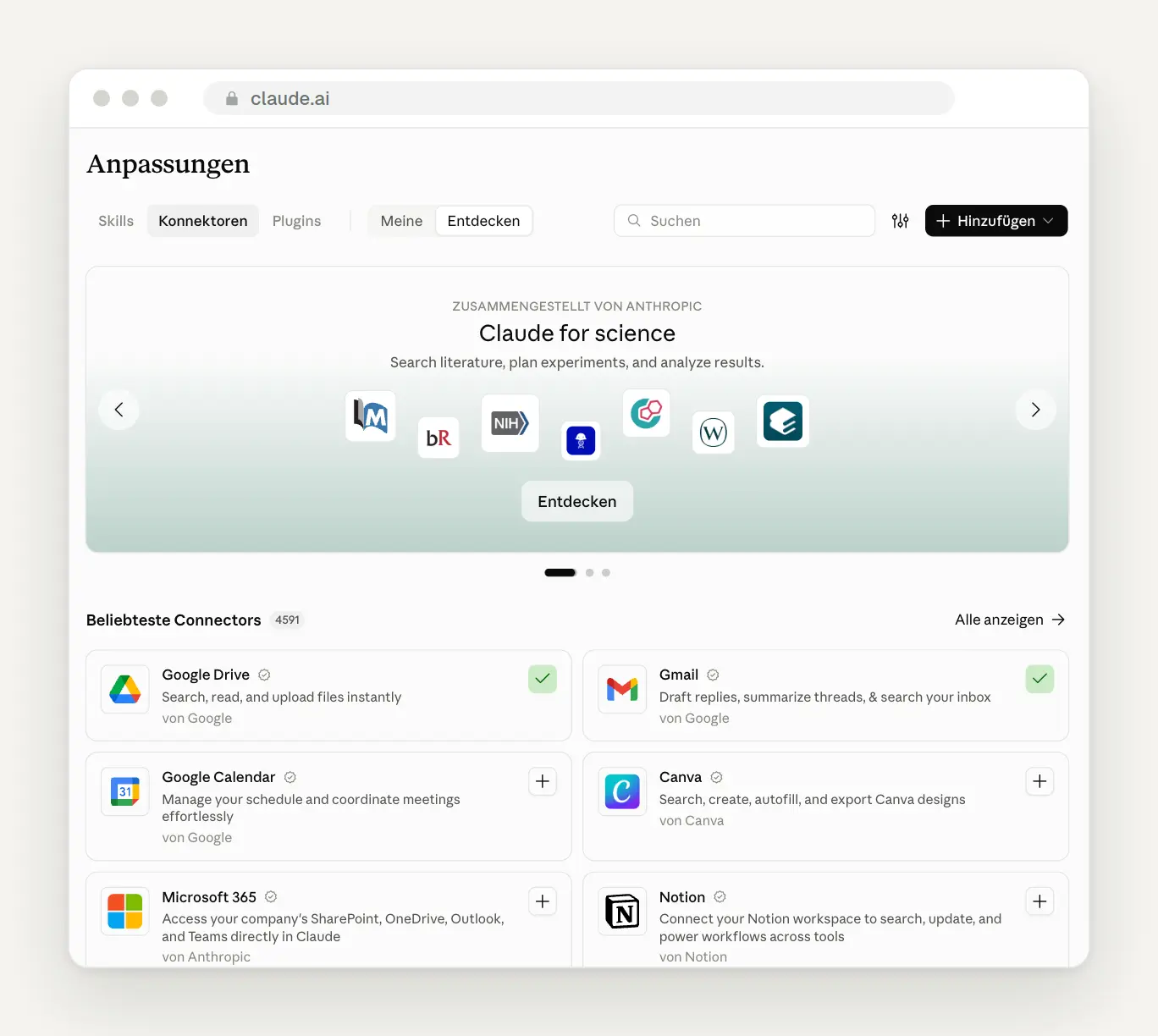 Konnektoren-Verzeichnis in Claude mit Google Drive, Gmail, Canva und Microsoft 365