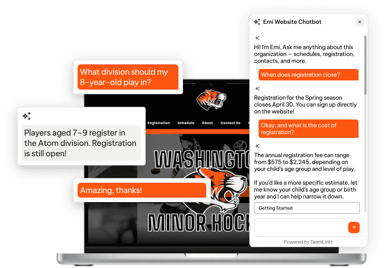 Emi AI chatbot on a sports league website answering member questions about registration and divisions instantly