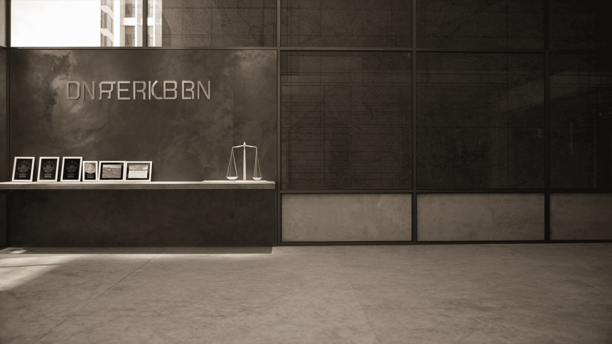 Minimalist Chicago architecture firm reception with scale model and awards on a slim console