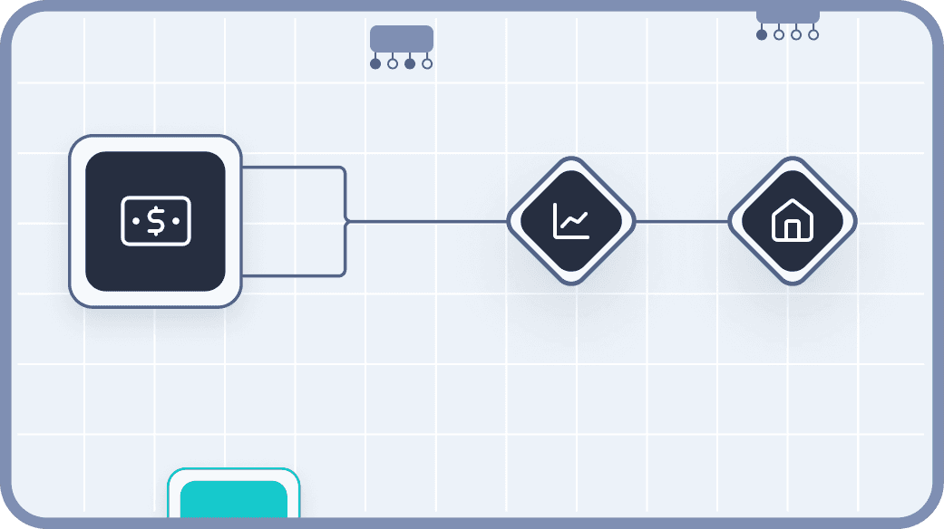 Flowchart diagram illustrating a process with connected nodes, set against a grid background, representing workflow and automation concepts.