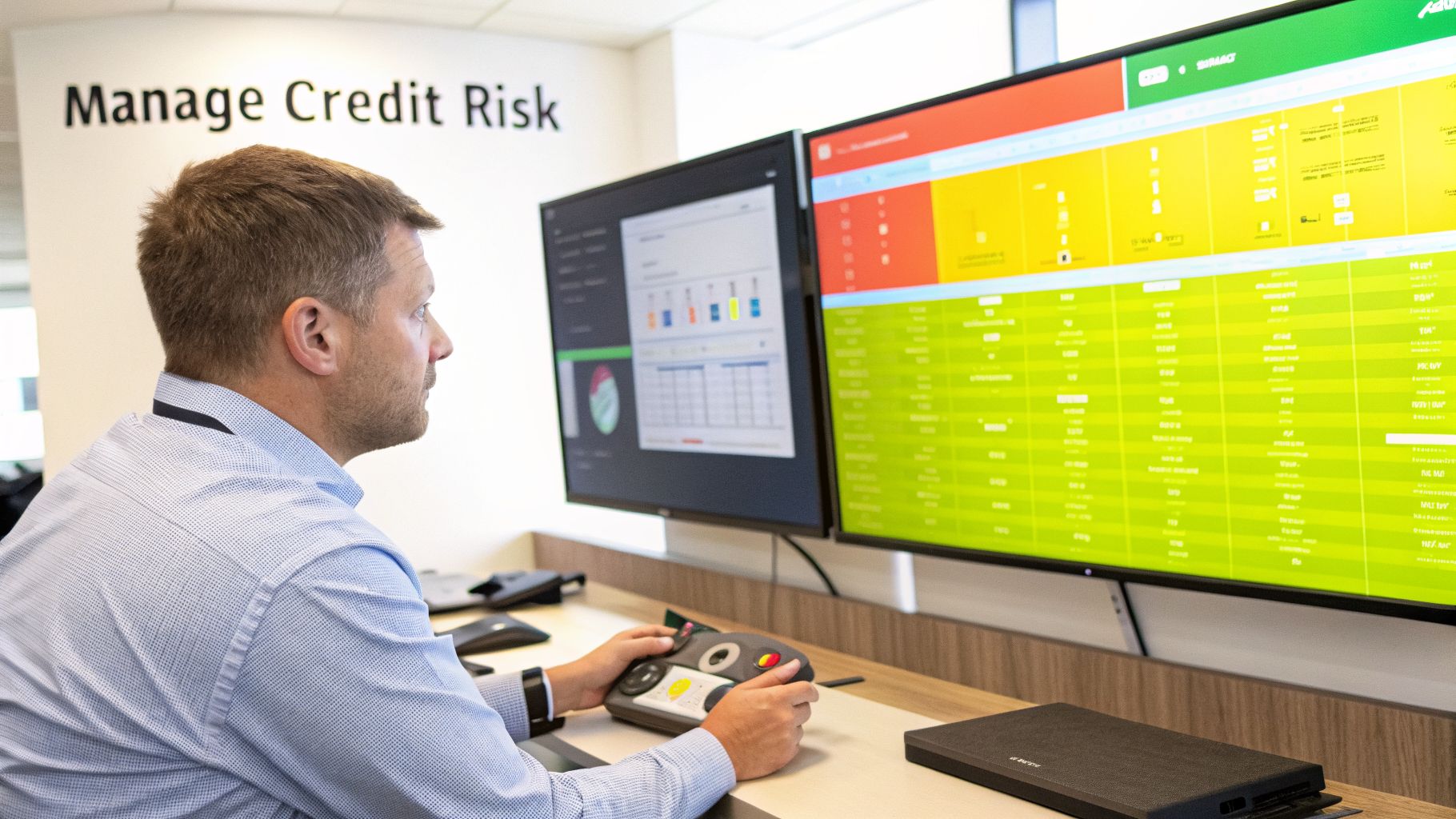 A man manages credit risk in a control room, using a specialized controller to monitor financial data on multiple screens.