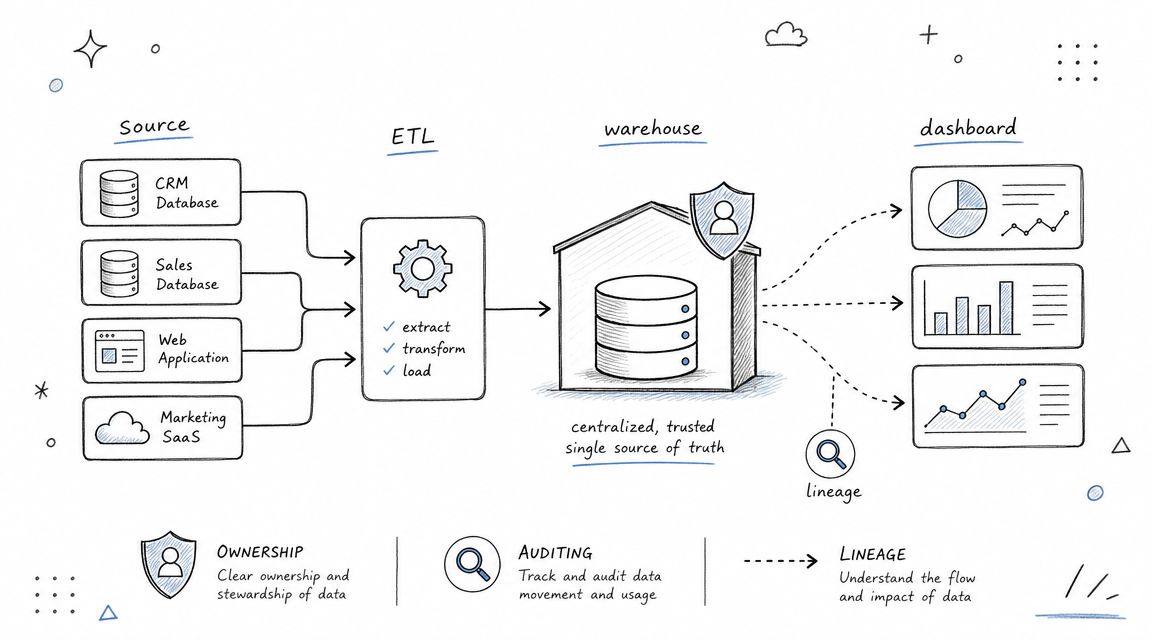 A hand-drawn diagram illustrating a data pipeline from source systems to a centralized warehouse and dashboards.