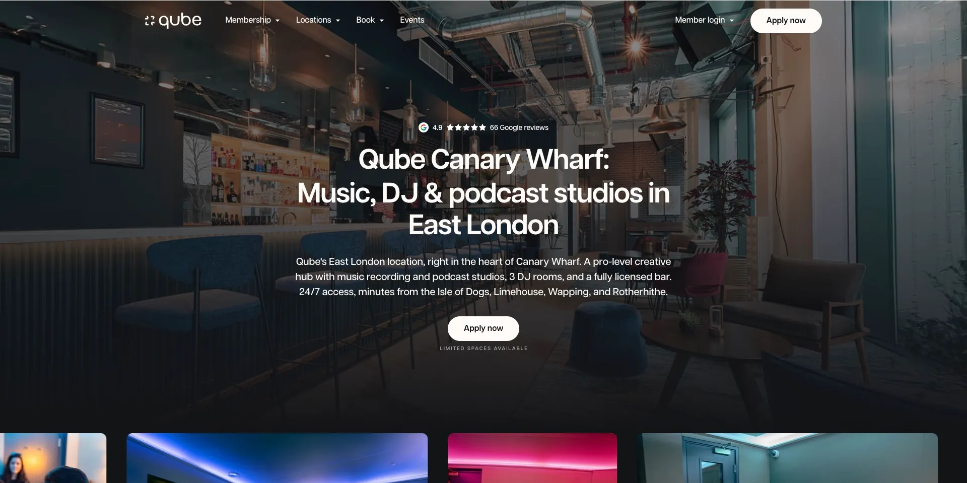 Screenshot of the homepage for Qube Canary Wharf (Qube East) in Wood Wharf, analysed in this guide alongside Creative Kin Podcast Studio’s proximity to Canary Wharf via the Elizabeth line.
