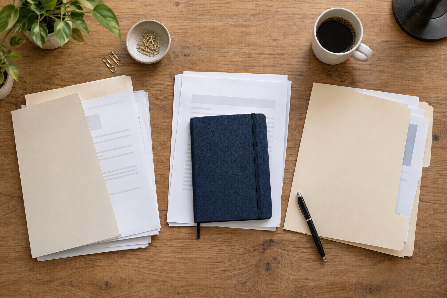 Documents et chemises beiges classés sur un bureau en bois, avec un carnet bleu marine et un stylo, vus du dessus.