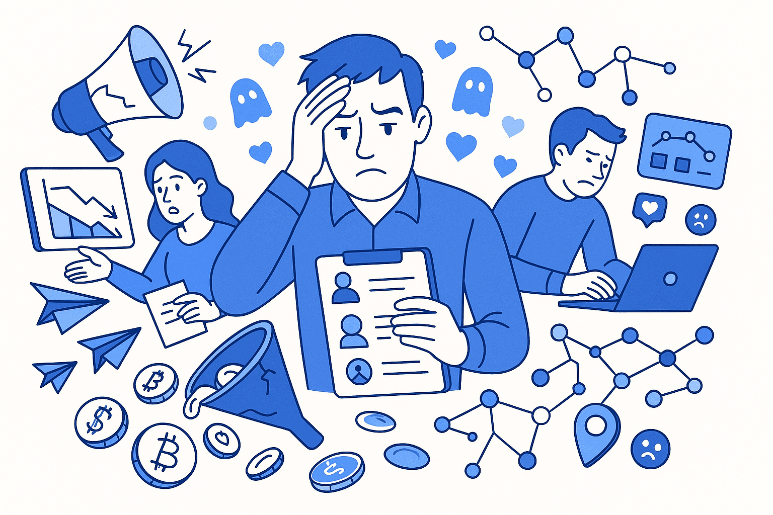 Illustration that shows people who face with mistakes while launching the Web3 KOL marketing campaigns