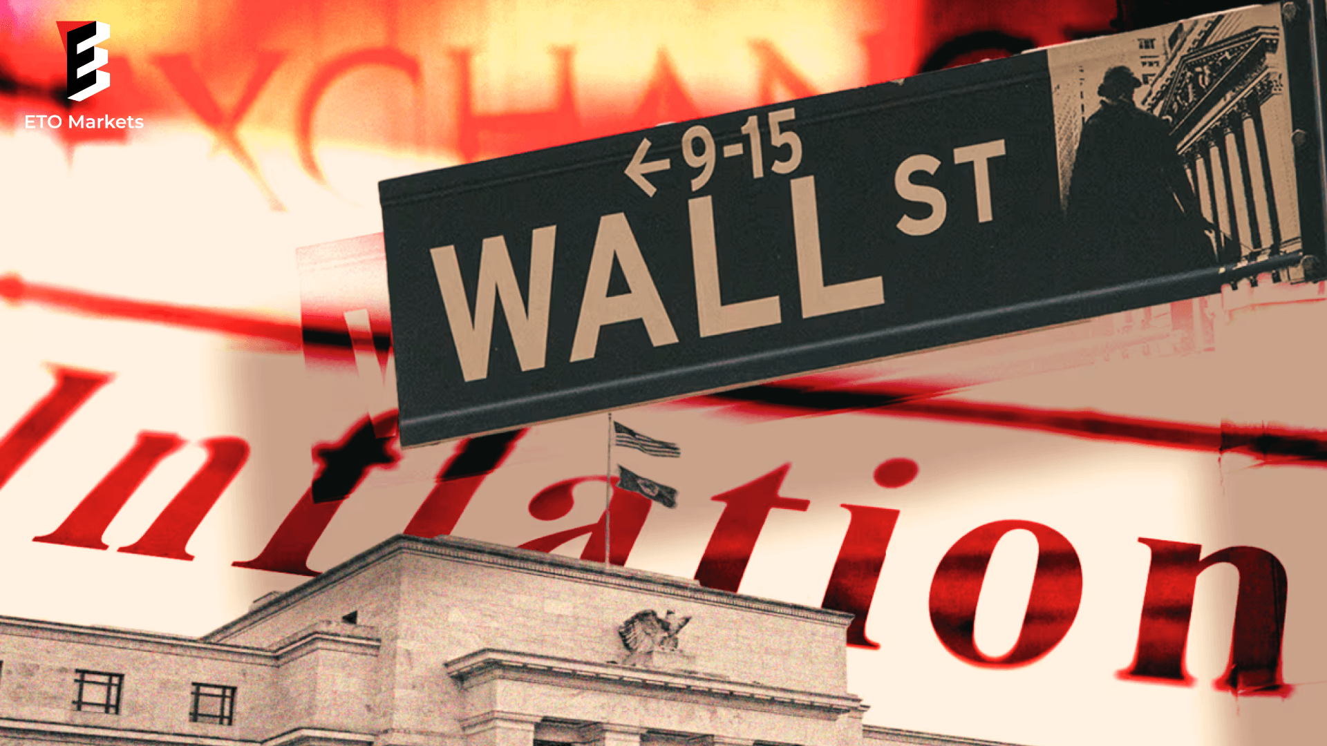 An image with a Wall Street sign overlaying a background featuring the word "Inflation" in large and red letters. The scene includes a image of fed, hinting at financial markets and economic themes.