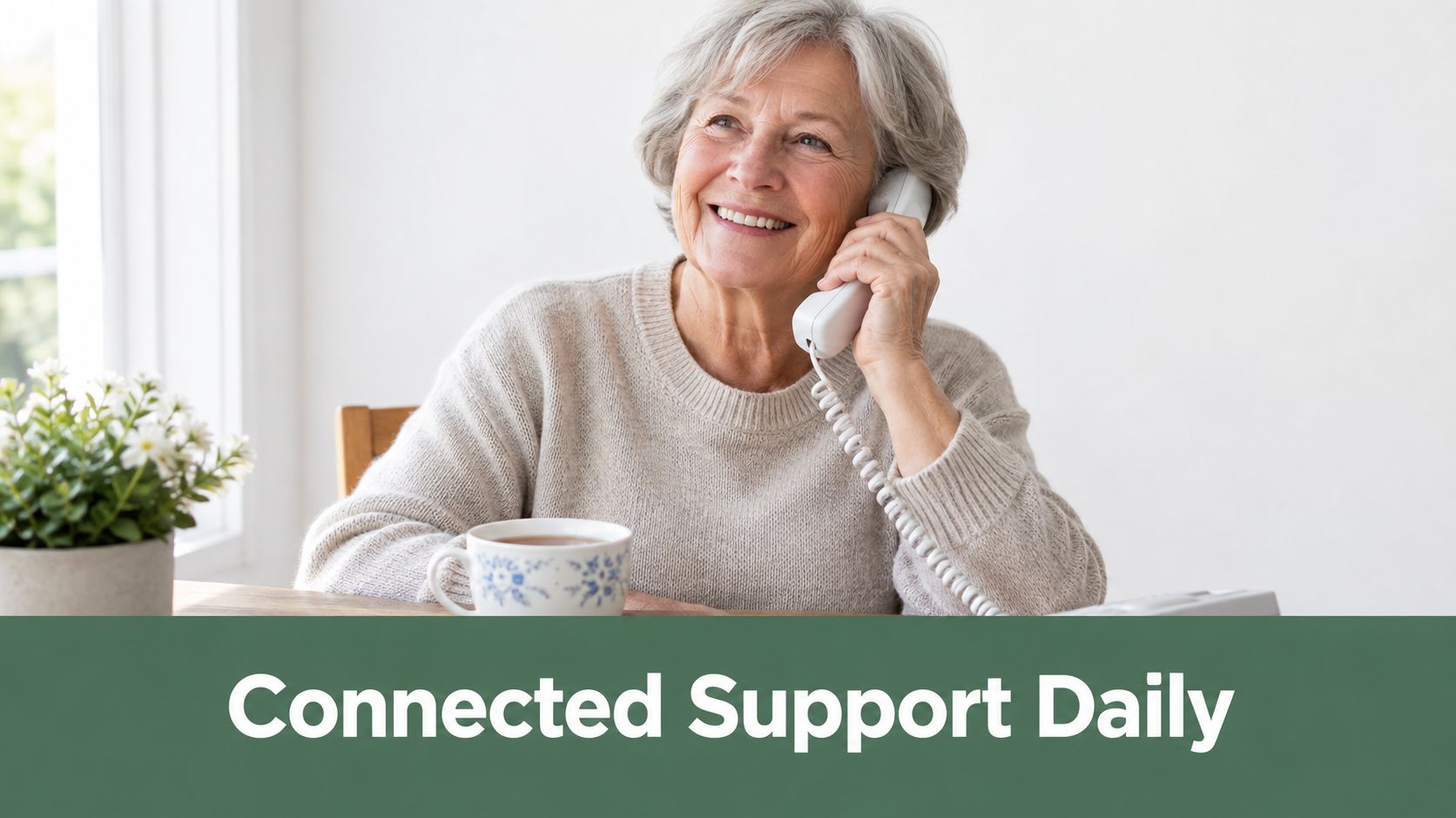 A happy senior woman having a pleasant phone conversation while sitting at a table with tea.