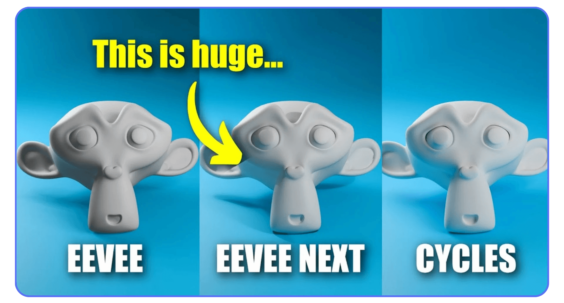 Render comparison of Blender’s Eevee, Eevee Next, and Cycles engines, highlighting lighting and shading differences on the Suzanne monkey model.